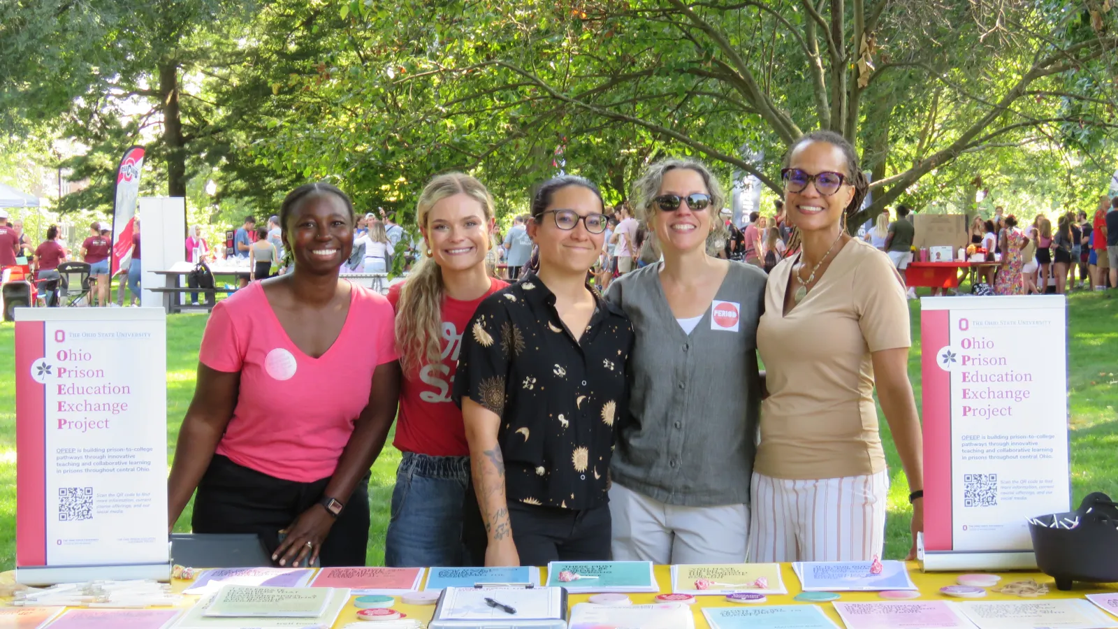 OPEEP Co-Directors and staff smiled for a group photo at the Autumn 2023 OSU Student Involvement Fair. (L to R) Siatta Dennis-Brown, Nicole Edgerton, Babette Cieskowski, Mary Thomas, and Tiyi Morris.