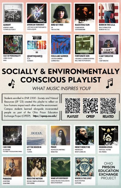 Socially and Environmentally Conscious Playlist created by students of Alia Dietsch's Spring 2023 Society and Natural Resources course at Southeastern Correctional Institution